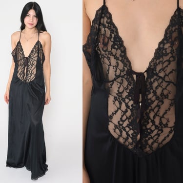 Black Lace Nightgown 80s Lingerie Maxi Slip Dress Low Open Back Sleeveless Backless Romantic Intimate Goth Sexy Boho Vintage 1980s Medium M 