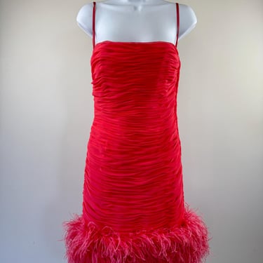 1980s Victor Costa Peach Ruched Dress with Feathers 