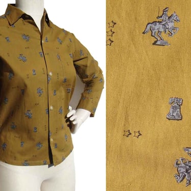 Vintage 50s Ladies Shirt Colonial Print Camel Cotton S - Penney's 