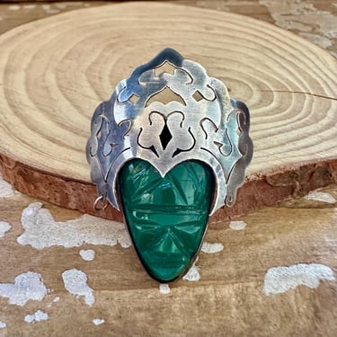 TRIBAL RULES Vintage 50s Mexican Silver and Green Onyx Brooch | 1950s Aztec Face Mask with Headdress Pin | Taxco Mexico Southwestern Jewelry 
