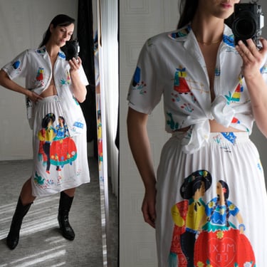 Vintage 80s BOA PARIS Mexican Mariachi Print Camp Collar Blouse & Skirt Set | Made in France | 100% Viscose Rayon | 1980s Designer Skirt Set 