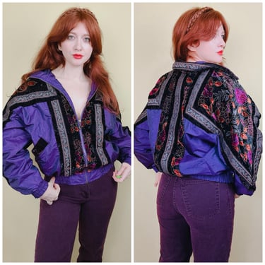 1980s Vintage Nylon Acetate Purple Windbreaker / 80s Magical Metallic Velvet Floral Jacket / Size Small - Medium 