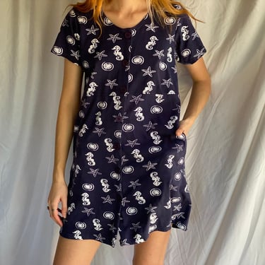 90's Mini Dress with Novelty Seashells Starfish Sand dollars and Seahorses/ Beach Cover Up Mini Dress / Easy Tshirt Dress 