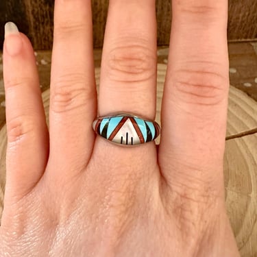 ZUNI ABALONE Micro Inlay Ring | Silver Turquoise Coral Jet | C J Hallmark | Southwestern Jewelry | Most Likely Zuni Made | Sizes 6 1/2 