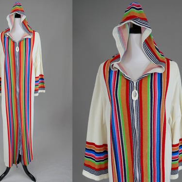 70s Striped Caftan Cover-Up Robe - Zip Front and Hooded - Ann Hodge by Millicent - Vintage 1970s - XL Plus 