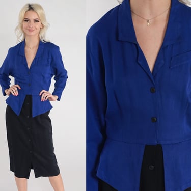 Peplum Dress 90s Button up Midi Dress Blue Black Secretary Dress Long Sleeve Collared V Neck High Waisted Vintage 1990s Carol Anderson XS 