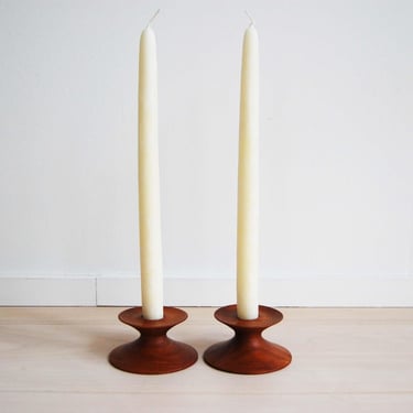 Pair of Mid Century Modern Solid Teak Candle Holders with Bee's Wax Candle Sticks 