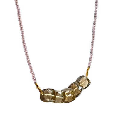 Debbie Fisher | Light pink seed, gold vermeil and whisky quartz beads w gold fill clasp necklace