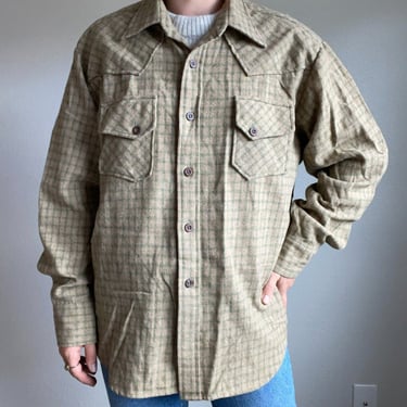 Vintage Mens Brent 100% Wool Green Brown Plaid Flannel Shirt Jacket Sz XL 