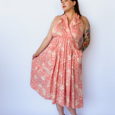 1980s Peach Floral Halter Dress, sz. XL