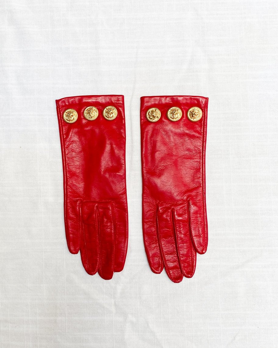 1980s Red Leather Gloves with Gold Medallions Wayward Collection