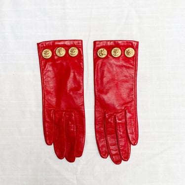 1980s Red Leather Gloves with Gold Medallions 