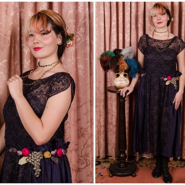 1920s Dress - Exquisite and Rare Robe de Style Silk and Lace 20s Dress with Handmade Stuffed Fruit Embellishment 
