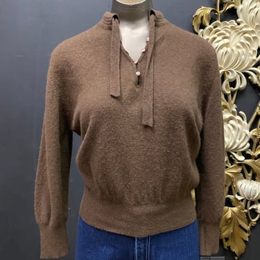 1950s sweater, brown wool, vintage knit top, tie neck, mrs maisel style, cropped, 1940s sweater, 50s jumper, rockabilly, medium 
