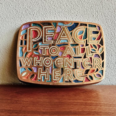 Midcentury "Peace to All Who Enter Here" brass wall plaque / Terra Sancta Creations 1966 made in Israel enameled door plate 