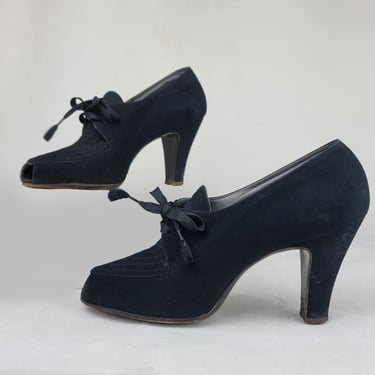 1930s Pumps / I Miller Shoes / Lace-up Peep Toed Shoes / 30s Black Suede Pumps by I Miller / Hand Made Shoes / Size 5 1/2 , Size 6 