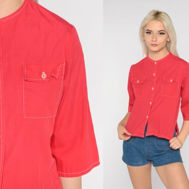 70s Red Blouse Simple Boho Button Up Shirt Short Sleeve Top Simple Chic Minimalist Retro Preppy Seventies Plain Summer Vintage 1970s Small S 