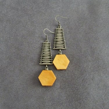 Mid century modern wooden hexagon earrings 
