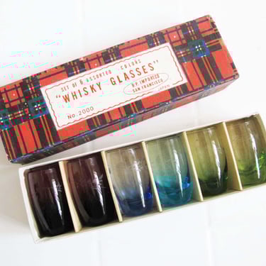 Vintage 1950s Multicolor Whisky Shot Glasses Made in Japan Set of 6 - Retro Barware Original Packaging - Colorful Etched Glassware 