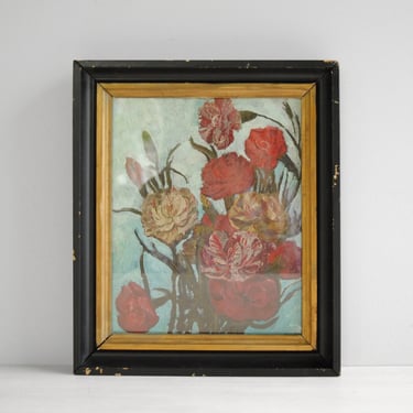 Vintage Oil Painting of Red Flowers Against Blue Background, Flower Still Life Painting 