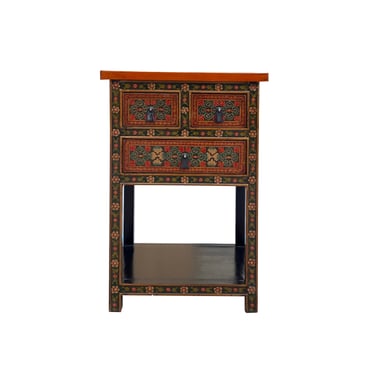 Red Black Tan Tibetan Floral End Side Table Nightstand Cabinet cs7472E 