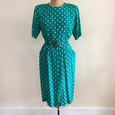 Teal and White Polka Dot Dress with Belt - 1980s 