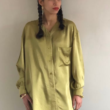 90s silk charmeuse blouse / vintage Bill Blass olive silk charmeuse satin oversized blouse / French cuffs blouse | Large 