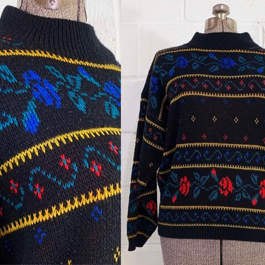 Vintage Black Floral Sweater 80s 1980s Long Sleeves Mock Neck Knit Flower Design Jamknits Funky Rainbow Pattern Cozy XL Large 