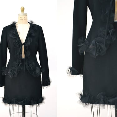 90s 2000s Moschino Cheap and Chic Vintage Black Wool Suit Jacket and Skirt with Flowers Size Small Medium Made In Italy 