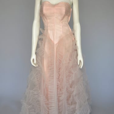 1950s pale pink strapless tulle party dress S/M 