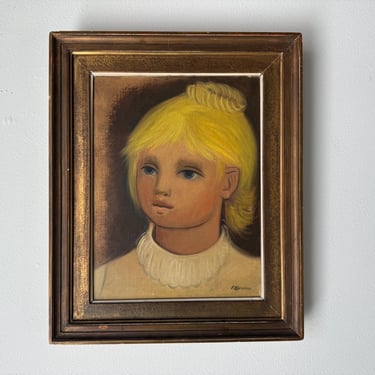 1960s Vintage Blonde  Girl Portrait  Oil  On Canvas Painting, Signed 