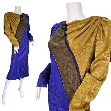 1980's Chartreuse Purple Color Blocked Embossed Silk Art Piece Shift Dress I Sz Lrg I Silk Studio 