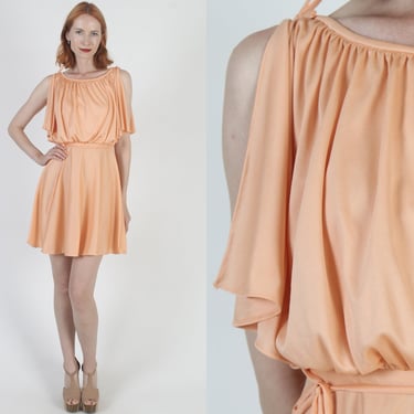 Apricot 70s Grecian Goddess Dress Disco Lounge Split Sleeve Mini Vintage Womens Toga Party Dress With Belt 