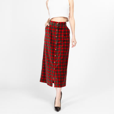 Large 80s Red Plaid Velvet Maxi Skirt 31