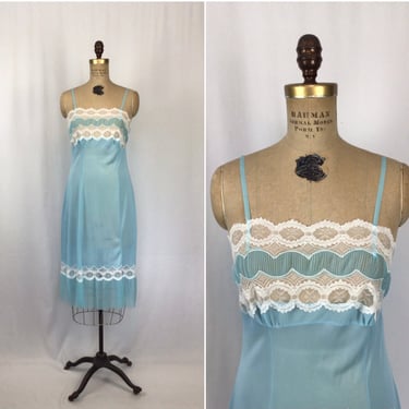 Vintage 50s slip | Vintage bright blue lace dress slip | 1950s Perlon full slip negligee 