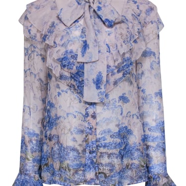 Zimmermann - Light Lilac & Blue Floral Print Ruffled Button-Up Blouse w/ Necktie Sz 2