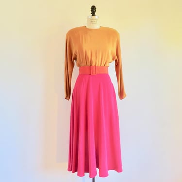 1980's Magenta Pink and Orange Color Block Silk Midi Day Dress Long Sleeves Full Skirt Shoulder Pads Wide Belt Gillian 26