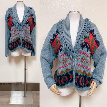 1990s Sky Blue Button Up Knit Sweater w Novelty Design & Fringe V Neck by Nuggets 1993 | Vintage, Cardigan, Comfy, Cozy, Cottage Core 