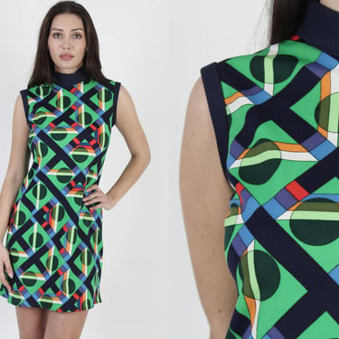 Colorful Geometric Print 60s Wiggle Dress, Stretchy Vintage Polka Dot Jersey Mini 