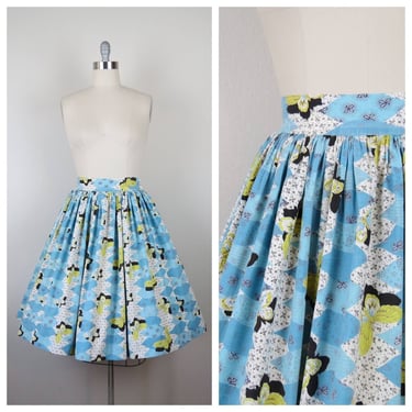 Vintage 1950s novelty print skirt, cotton, fit and flare, full, circle, butterflies 