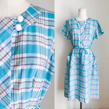 Vintage 1950s Turquoise Plaid House Dress / M 