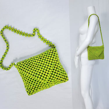 1960's Lime Green Italian Wood Bead Shoulder Bag Purse 