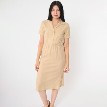 70s Midi Dress Tan Shirtdress Button Up Vintage Secretary Slouch Linen High Waisted Boho 1970s Short Sleeve Extra Small xs 