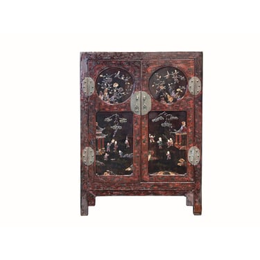 Vintage Chinoiseries Brick Red & Stone Inlay Graphic Credenza Cabinet ws4293E 