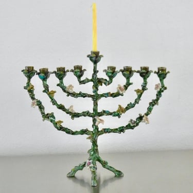 Tizo Jeweled Floral Tree of Life Menorah, Vitreous Enamel and Crystal Menorah, Glam Menorah, Nature Inspired Vintage Judaica 