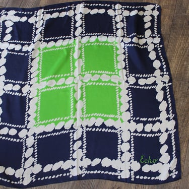 Vintage Echo Square Lime Green and Navy Blocks Gorgeous LARGE Silk Scarf 30 x 30  hand screened hand rolled Neck Head Scarf 