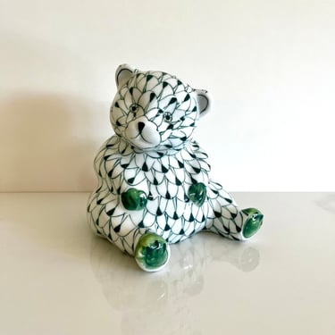 Green Fishnet Bear Statue | Porcelain Ceramic Figurine | Bear Figure | Animal Statue 