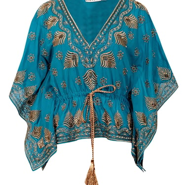 Alice & Olivia - Blue & Gold Embellished Caftan Top Sz S