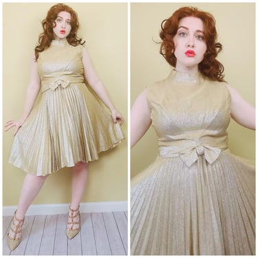 1960s Vintage Gold Lurex Fit and Flare Party Dress / 60s / Sixties Pleated Skirt Bow Mid Century Dress Metallic / Large - XL 