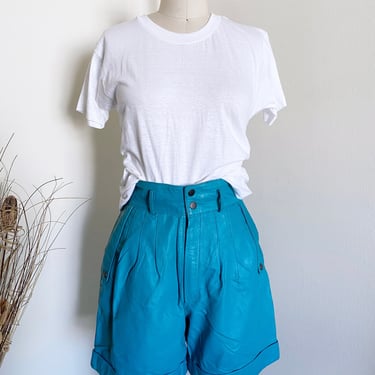 Vintage 80's High Waisted Teal Leather Shorts, 26